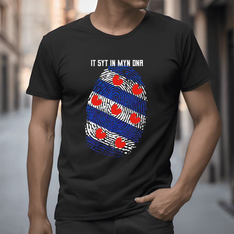 Afbeelding van een T-shirt met een ontwerp waarin de Friese vlag is verwerkt in een vingerafdruk en de tekst 'It Syt In Myn DNA'.