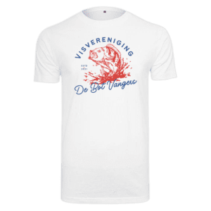 Wit Sky Fit T-shirt met opdruk van een vis en de tekst "Visvereniging De Botvangers". Gemaakt van 100% katoen, met een langere pasvorm en een comfortabele, ademende stof.