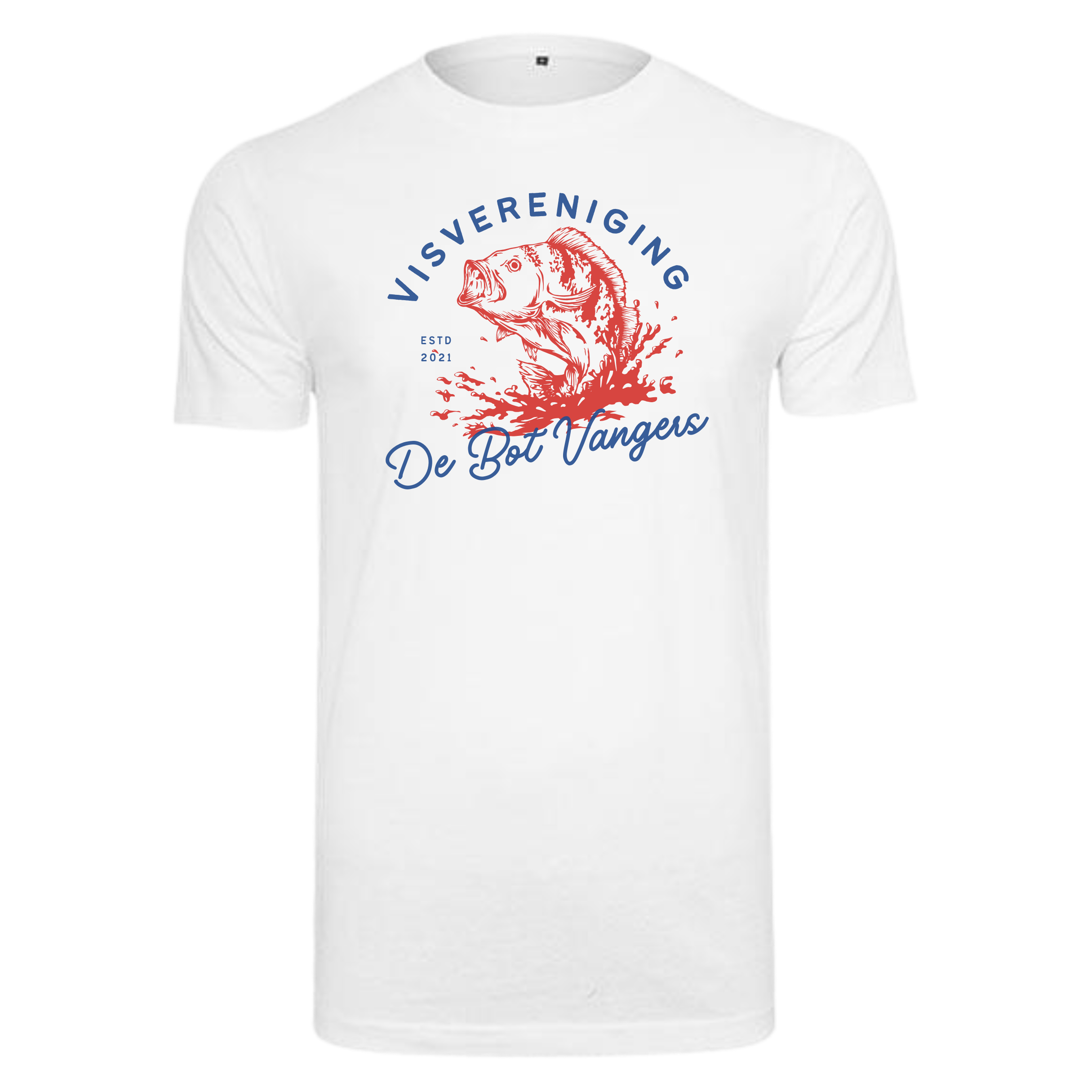 Wit Sky Fit T-shirt met opdruk van een vis en de tekst "Visvereniging De Botvangers". Gemaakt van 100% katoen, met een langere pasvorm en een comfortabele, ademende stof.