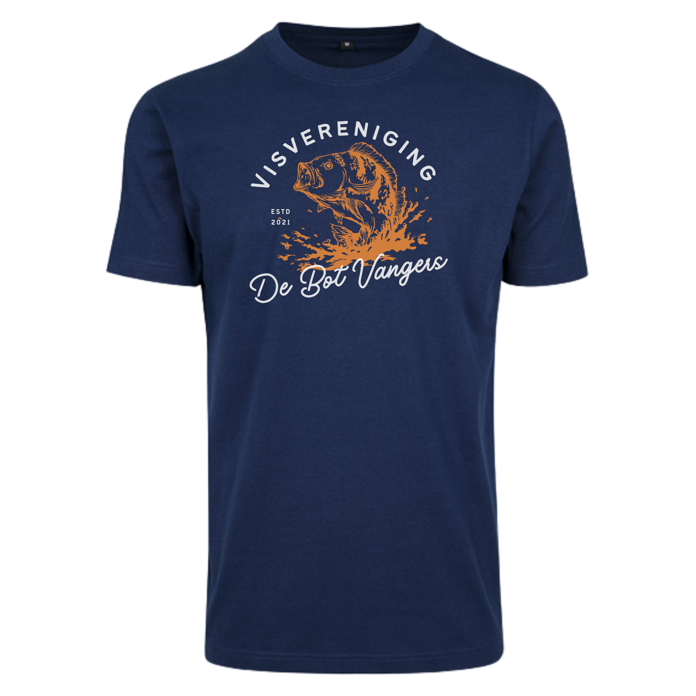 Navy Sky Fit T-shirt met opdruk van een vis en de tekst "Visvereniging De Botvangers". Gemaakt van 100% katoen, met een langere pasvorm en een comfortabele, ademende stof.