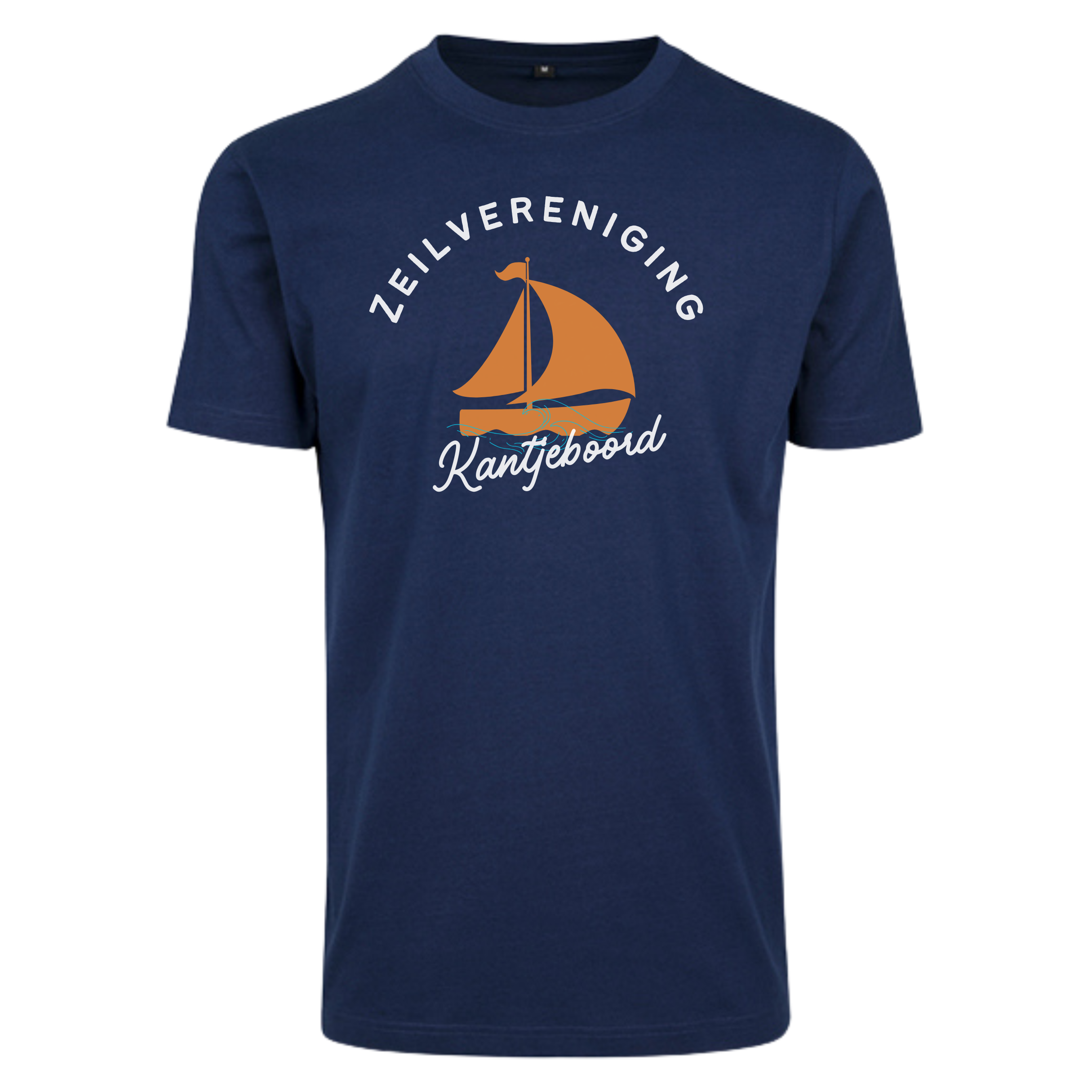 Navy T-shirt met opdruk van een zeilboot en de tekst "Zeilvereniging Kantjeboord". Sky Fit model, 100% katoen, comfortabele pasvorm.