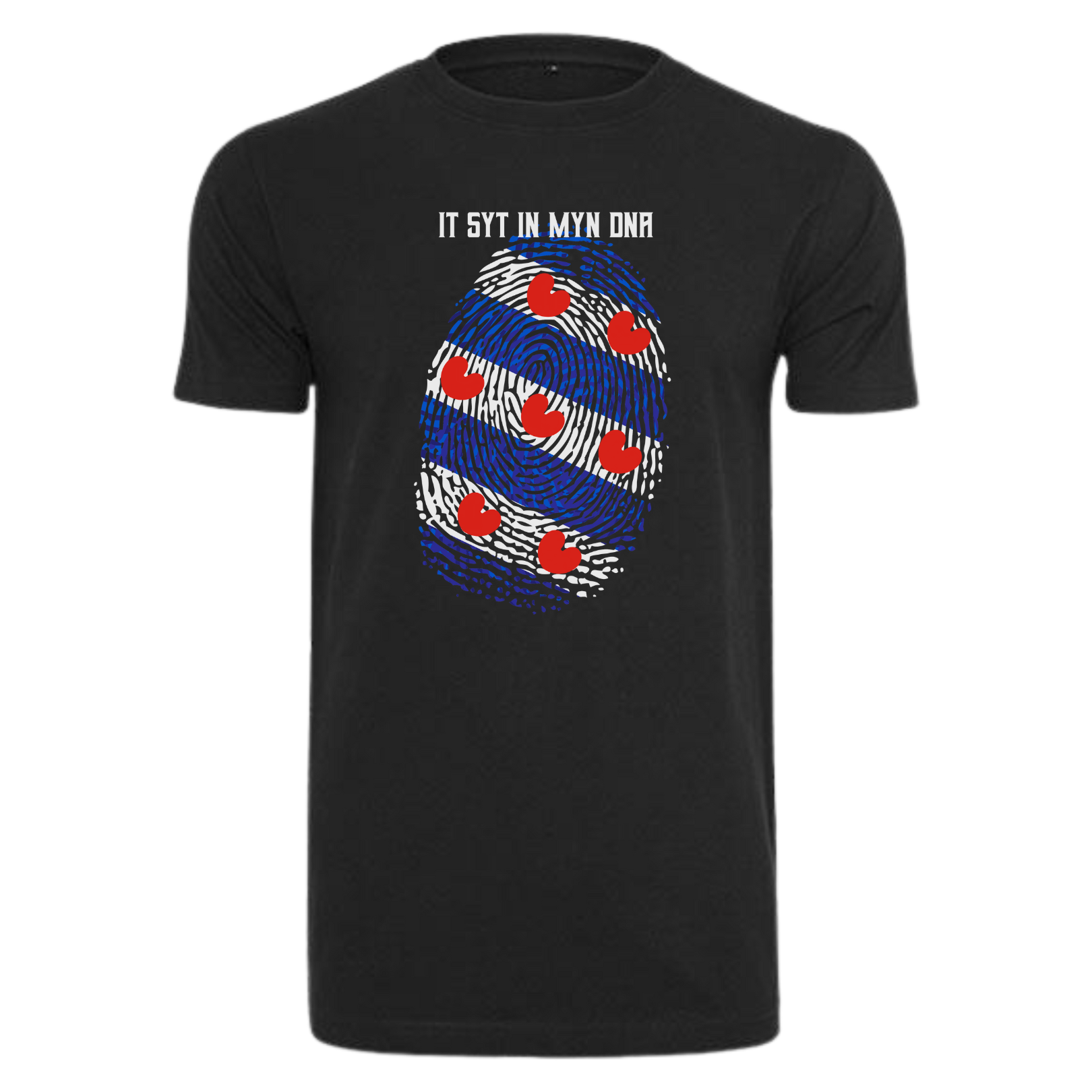 Zwart T-shirt met een Friese vingerafdruk waarin de Friese vlag verwerkt is, met de tekst "It syt in myn DNA"