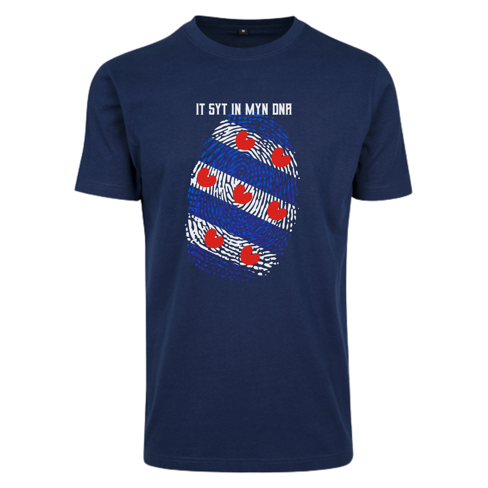 Donker blauw - Navy T-shirt met een Friese vingerafdruk waarin de Friese vlag verwerkt is, met de tekst "It syt in myn DNA"